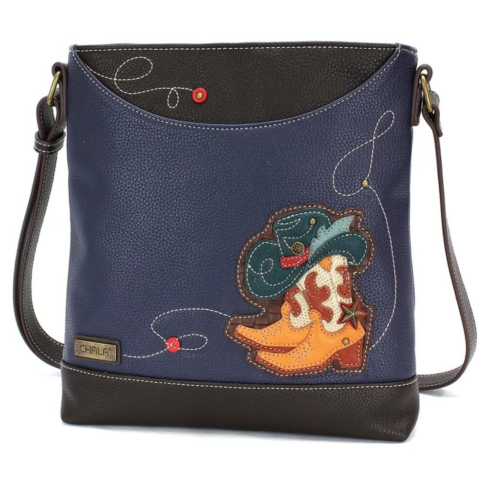 Chala Faux Leather Sweet Messenger Crossbody Bag - Western Boots, Navy NWT